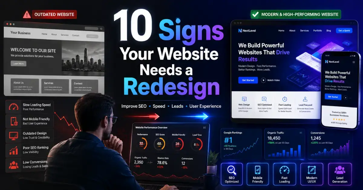 10 signs your business website needs a redesign including slow speed, outdated design, poor SEO, and mobile issues