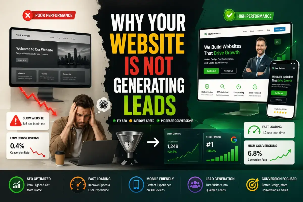 business website not generating leads because of poor SEO, slow speed, and outdated website design